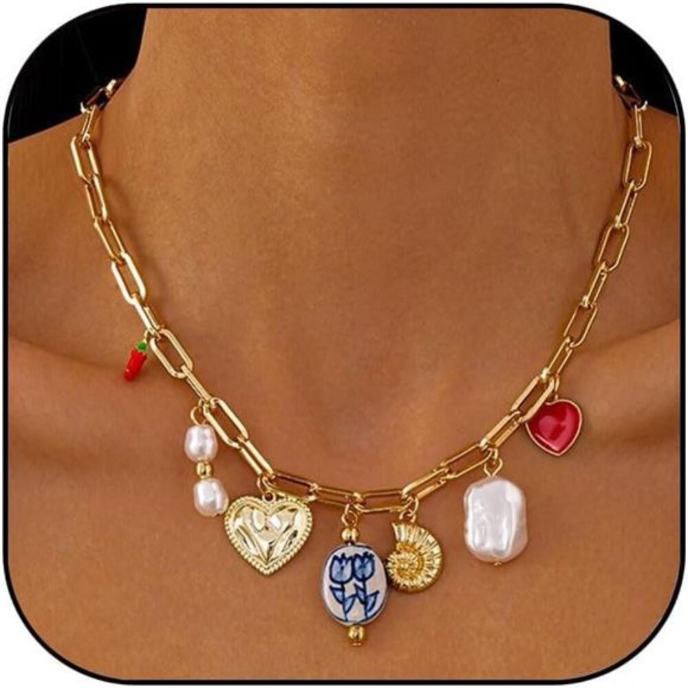 Gold Charm Necklace | Heart & Pearl Pendant | Trendy Ceramic Conch Summer